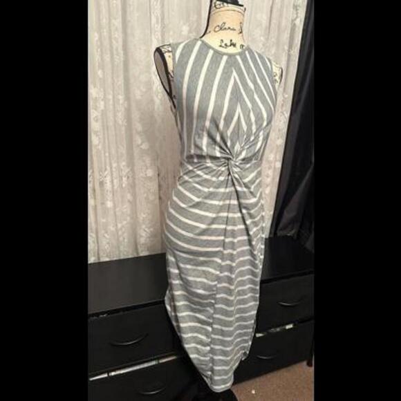 Grey and White Striped Sleeveless Midi Dress with Twist Knot Detail - Picture 1 of 2